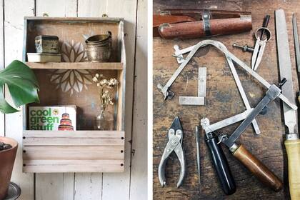 En los talleres de DKP se aprenden técnicas de reciclado. Der.: Algunas de las herramientas que se usan en las clases de joyería de Tamara Lisenberg (ver abajo)..