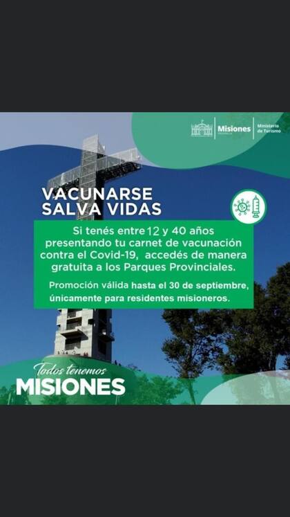 En Misiones la posibilidad de ingresar gratis a parques provinciales está atada a la vacunación.