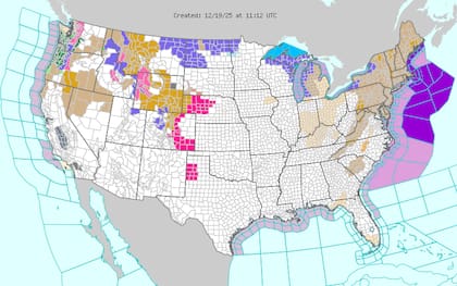 En morado, las advertencias de clima invernal para el territorio de Estados Unidos