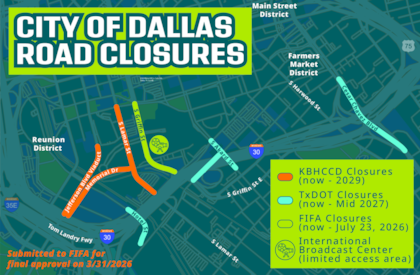 En naranja, los cierres de calles en Dallas