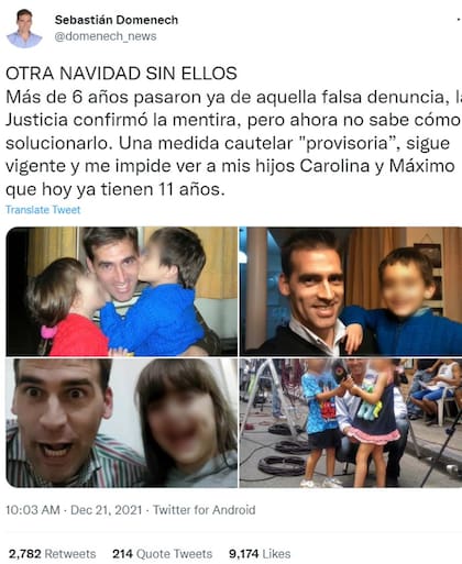 En navidad, Sebastián Domenech denunció la situación familiar que atraviesa desde hace seis años