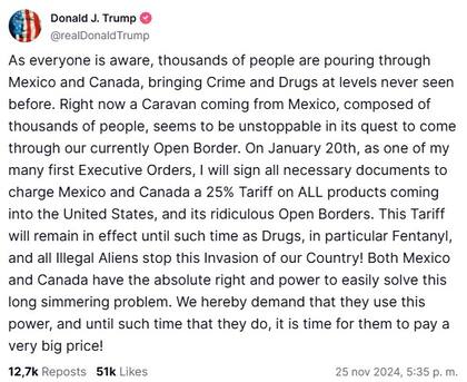 En noviembre de 2024, Trump anunció la medida de los aranceles a las importaciones de México y Canadá