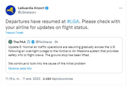 En Nueva York, el Aeropuerto Internacional de La Guardia reanudó sus operaciones