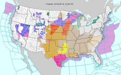 En Nuevo México, Colorado, Kansas, Oklahoma y Texas, los vientos intensos y la sequedad elevan el riesgo de incendios, con condiciones críticas pronosticadas hasta mediados de semana