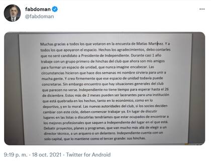En octubre Fabián Doman había advertido sobre una fisura en la unidad, que puso en duda su candidatura como presidente de Independiente