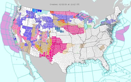 En rosa, todas las zonas de Estados Unidos con riesgo de incendios forestales