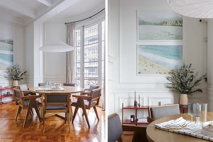 En su comedor, la fotógrafa Paula Vara de interiores puso sobre mesa con sillas Jeanneret una lámpara de Tyvek, un textil no tejido hecho de fibras de polietileno de alta densidad (Hábito). Tradición y tecnología de punta