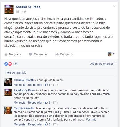 En su página de Facebook, el asador Q Pasó respondió con humildad