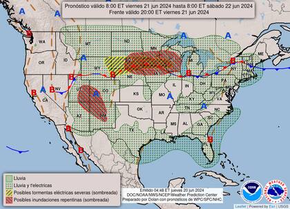 En su pronóstico del clima en EE.UU. para este viernes, el NWS prevé un área de baja presión cerca de Jacksonville, Florida