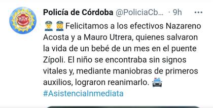 En su twitter, la Policía de Córdoba manifiesta el orgullo por la labora de Acosta y Utrera.