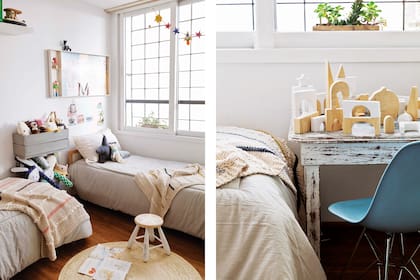 (Ludovico y Casa Viló). Además, banquito de madera (Roxi Ameduri Marchettini), almohadones y cubrecamas tejidos a mano (todo de Cosa Bonita), guirnalda en la ventana (Chirola Cool Things), rompecabezas de bloques de madera (MontKids) y silla (Mercado de Pulgas de Dorrego).