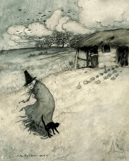 En The Ingoldsby Legends ("Las leyendas de Ingoldsby", traducción libre, 1907), las ilustraciones de Arthur Rackham retratan a la hechicera con una capa negra y un sombrero negro alto