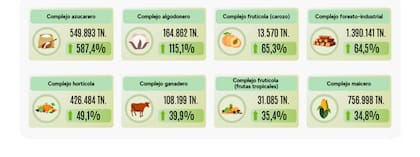 En toneladas, las exportaciones de los distintos complejos regionales