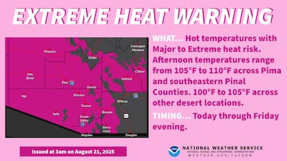 En Tucson, Arizona, se esperan valores térmicos máximos de entre 105 °F (40 °C) y 110 °F (43 °C)