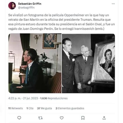 En Twitter también explicaron a qué se debía la presencia de San Martín en el Salón Oval de la Casa Blanca en la película Oppenheimer