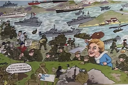 En un bar de Malvinas hay una caricatura sobre el conflicto bélico por esas islas que ridiculiza a las tropas argentinas