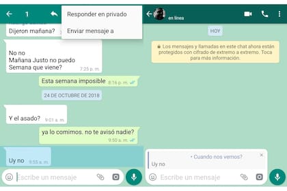 En un chat grupal, al elegir un mensaje específico, es posible responder por privado a esa persona; se genera un nuevo chat con la cita original, y la indicación de qué grupo viene