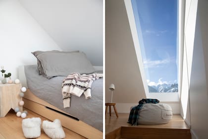 En un cuarto infantil, la maravilla de una ventana de techo al final de la escalera.