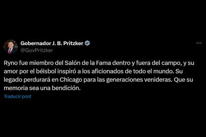En un dedicado mensaje por X, Pritzker afirmó que Sandberg fue “miembro del Salón de la Fama dentro y fuera del campo”