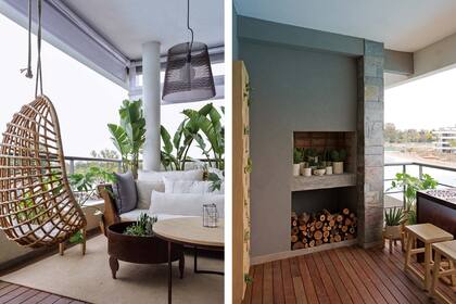 En un extremo del balcón, la parrilla poblada de macetas, barra de hierro con flores caladas y bancos de madera maciza (todo de Vicky Provenzano). Deck de lapacho de Patagonia Flooring.