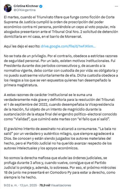 En un mensaje en su cuenta de X, Cristina Kirchner anunció que se presentará ante la Justicia el miércoles 18 de junio