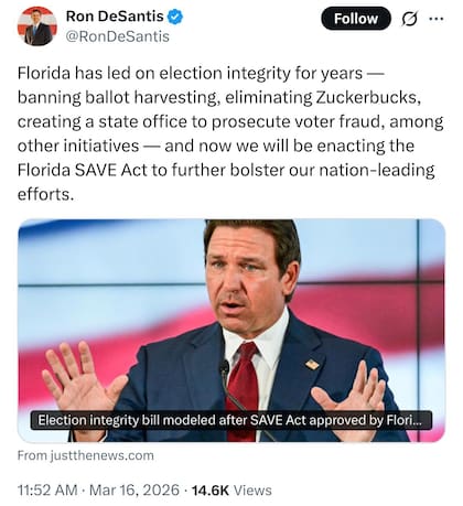 En un nuevo mensaje, Ron DeSantis defendió la Florida SAVE Act