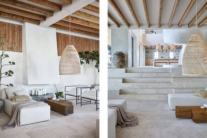 En un rincón del living más íntimo, junto a la chimenea de obra, mesa de centro hecha en una pieza de madera, sillas de hierro con colchonetas tapizadas en lino y chaise longue (More Decor).