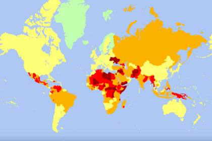 En una escala de color, el mapa muestra en color rojo oscuro las naciones con más amenazas de seguridad