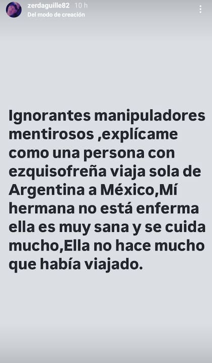 En una historia publicada durante la madrugada, Guillermo Zerda cuestionó las versiones que vinculan la desaparición de su hermana con un problema de salud mental