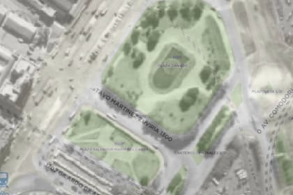 En una imagen aprea de la Plaza Canadá de 1965 todavía es posible ver la silueta de la pileta de Retiro, aunque ya no está allí