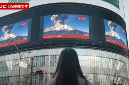 En una imagen generada con inteligencia artificial se representa el momento en que se informa sobre la erupción del Monte Fuji en Tokio