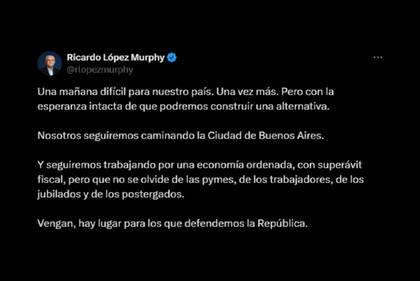 En una seguidilla de posteos, el diputado nacional Ricardo López Murphy criticó al gobierno de Javier Milei e hizo un guiño a Mauricio Macri