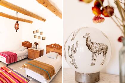 En uno de los cuartos de huéspedes, respaldos de tallados por un artesano vecino y ponchos viejos bolivianos como pie de cama. Tulipa intervenida por la ilustradora Camila Villar a modo de velador.