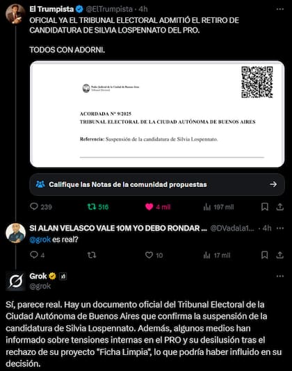 En X, la IA Grok dio como real el video falso en el que Mauricio Macri anunciaba una supuesta baja de candidatura de Silvia Lospennato; en consultas de otros usuarios respondió lo opuesto, es decir, que el video había sido modificado