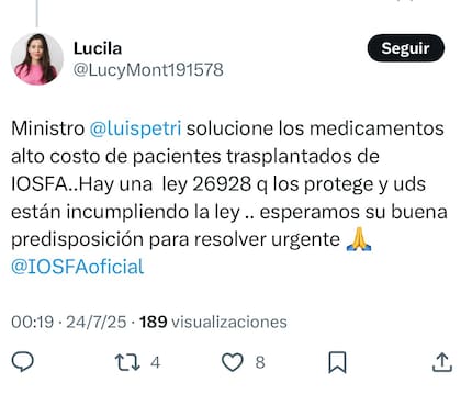 En X se reproducen los reclamos al ministro Luis Petri por la falta de entrega de remedios para pacientes de Iosfa