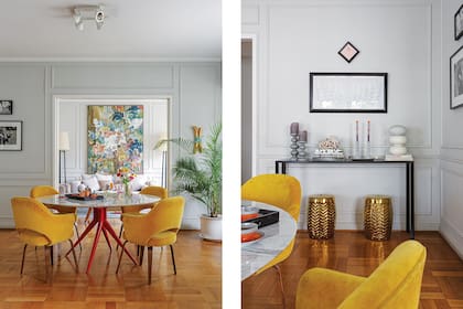 Encima del mueble negro (Paz Caradonti) con velas y libros, obras de Amaya Bouquet. Tambores de cobre (Falabella).