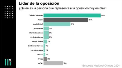 Encuesta de Casa 3 que refleja el posicionamiento de Cristina Kirchner como líder de oposición
