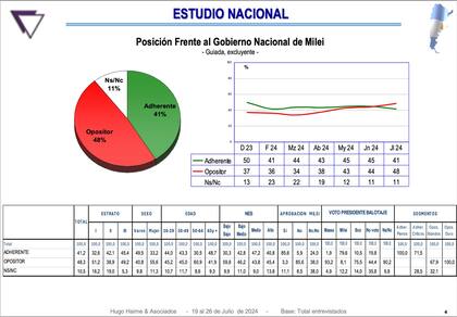 Encuesta sobre la posición frente al gobierno nacional de Javier Milei; fuente: Haime & Asociados