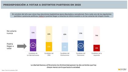 Encuesta sobre predisposición a votar a distintos partidos en 2025