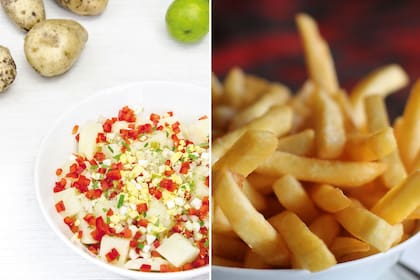 Ensalada de papas (ver receta) y papas fritas, dos platos populares que difícilmente tengan opositores.