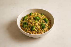 Ensalada tibia de arroz integral y brócoli