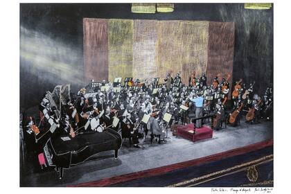 Fotografía de un ensayo de la orquesta en 1938, intervenida por Marcelo Brodsky