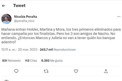 "Entran tres amigos de Nacho", señalan en las redes, en referencia a los tres exparticipantes de Gran Hermano que reingresan al ciclo esta última semana: Holder, Martina y Mora