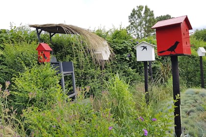 Entre gramíneas, instalación artística con casitas para aves intervenidas por la artista Claudia Degliuomini, inspirada en un jardín que Nicolás Heinen visitó en Chaumont-sur-Loire. 