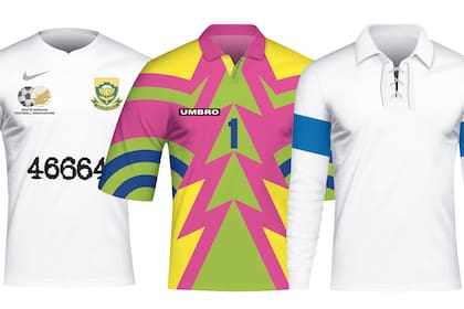 Entre las efímeras figura la de Sudáfrica de 2014, que se creó en homenaje a Nelson Mandela. El número corresponde a la celda en la que estuvo preso en Robben Island. El arquero mexicano Jorge
Campos pasó a la historia con sus colores fluorescentes. Entre las pioneras, una de Brasil de 1914, irreconocible,