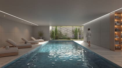 Entre los amenities se encuentra esta gran piscina dentro de la zona del gimnasio.