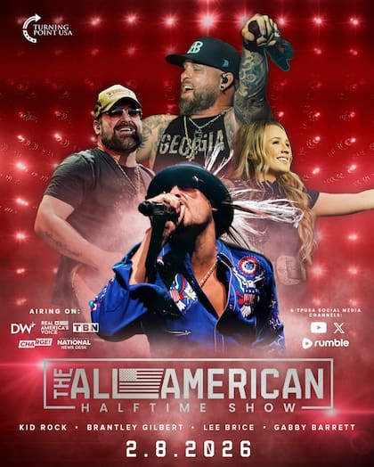 Entre los artistas que presentó Turning Point USA para el The All-American Halftime Show se encuentran Kid Rock, Brantley Gilbert, Lee Brice y Gabby Barrett (Instagram/@turningpointusa)