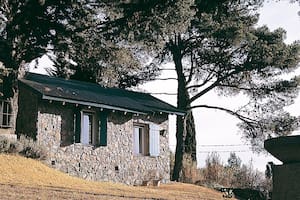 Entre los pinos, la construcción se despliega donde el terreno sube.
