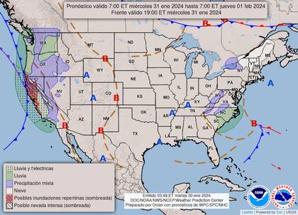 Entre miércoles y jueves, prácticamente toda la costa del Pacífico de EE.UU. estará cubierta de lluvia