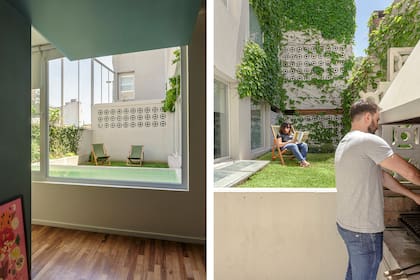 Entre todos los integrantes de la familia se hicieron cargo de diseñar el paisajismo del edificio y de mantenerlo en buen estado. Como enredaderas, eligieron ampelopsis y enamorada del muro. Reposeras (Confort y Muebles).